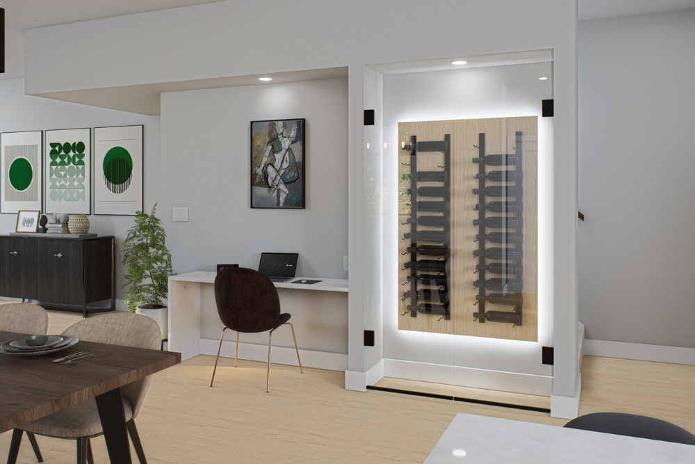 Townhomes for sale in Abbotsford BC near top amenities with built-in desk and luxury wine display.
