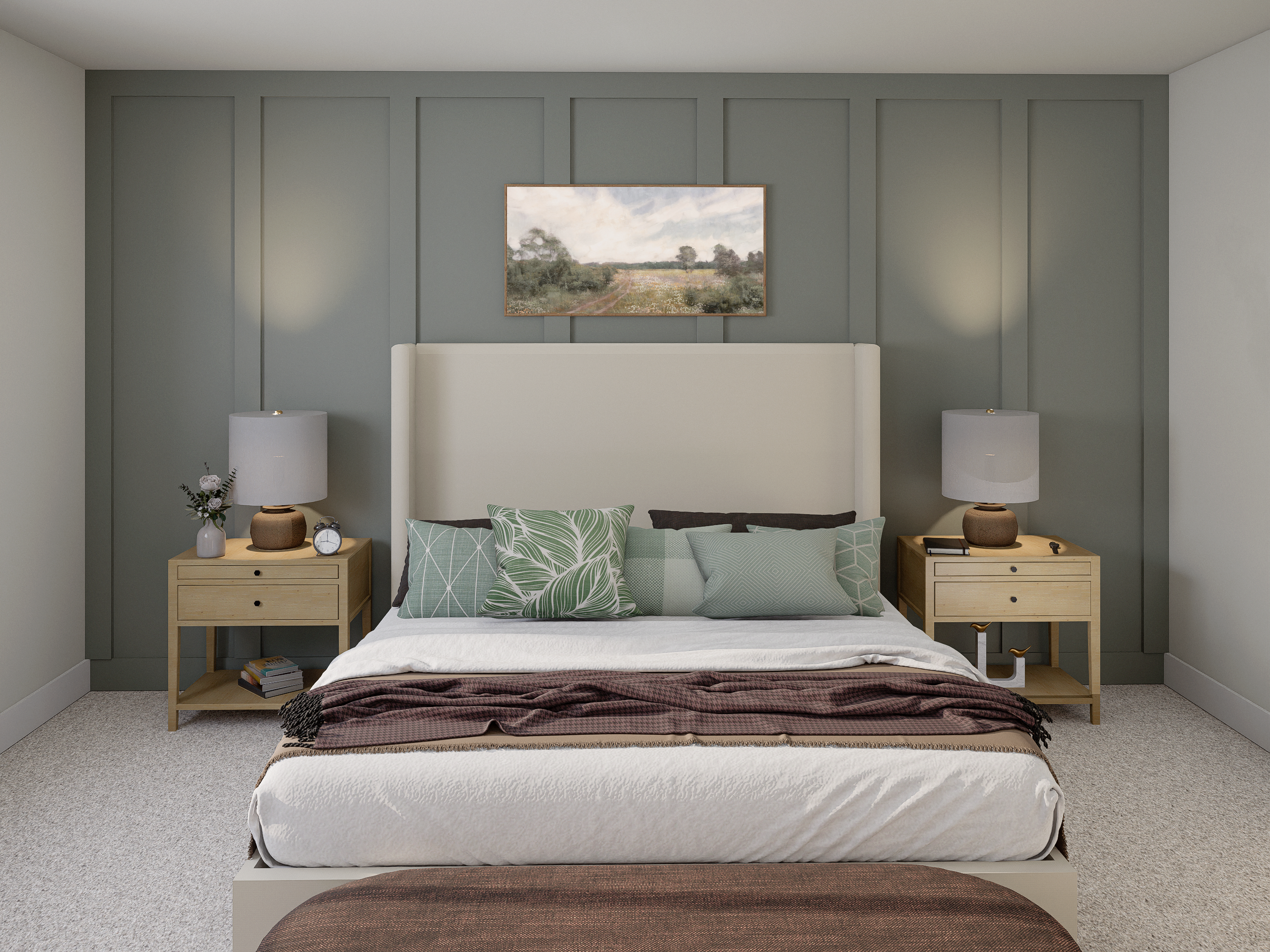 Stylish modern bedroom with a cushioned headboard, wooden side tables, and accent wall paneling in Kings Crossing townhomes, Abbotsford.