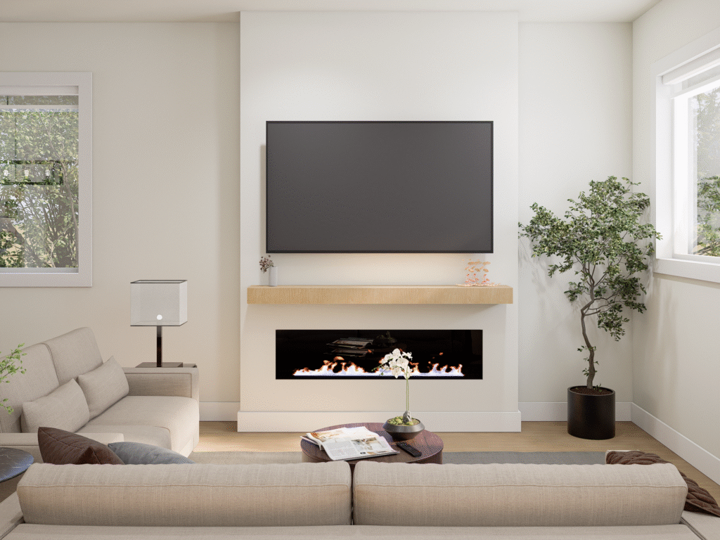 Modern living room with beige sofas, a wall-mounted TV, a linear fireplace, and a potted plant by the window