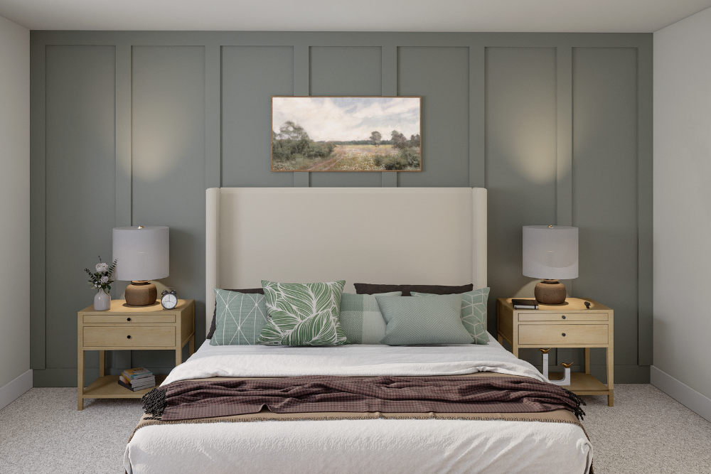 bedroom with a cushioned headboard, wooden side tables, and accent wall paneling in Kings Crossing townhomes, Abbotsford.