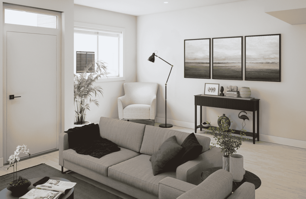 Modern living room with natural light and neutral decor in Kings Crossing townhomes for sale in Abbotsford.