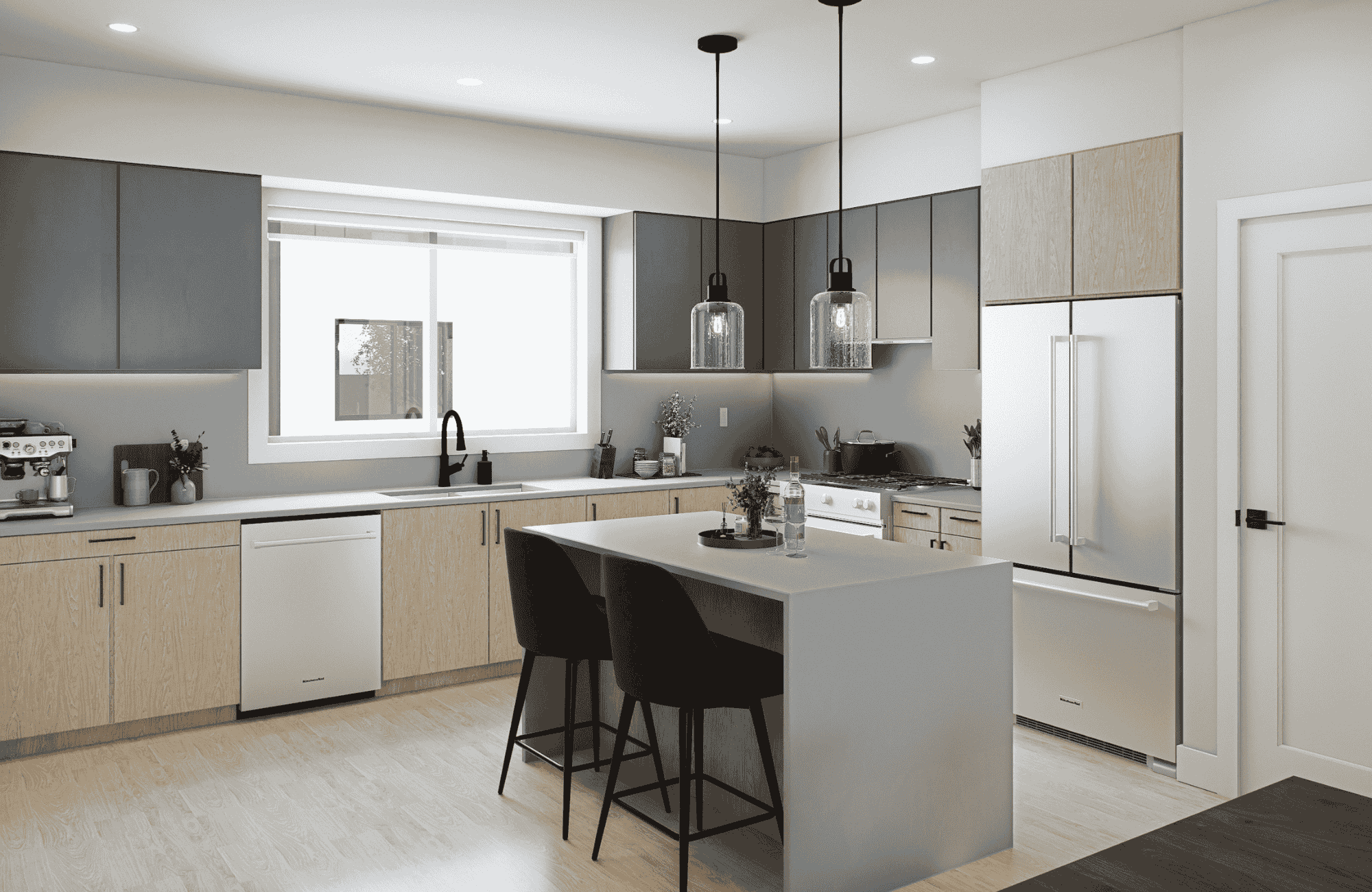 Modern kitchen with wood and matte grey cabinetry, center island with two chairs, pendant lights, and high-end appliances in a bright townhome in Abbotsford.